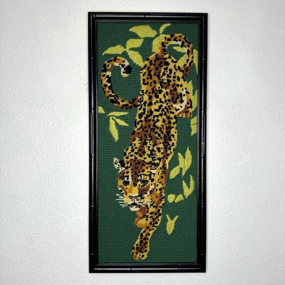 Other - Vintage Leopard Needlepoint Black Bamboo Type Frame Green Hollywood Regency Art